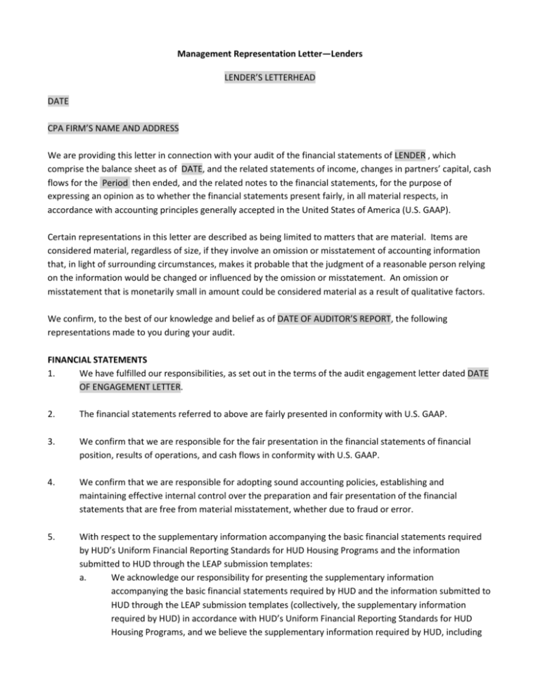 def of management representation letter