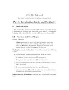 MTH 233—Calculus I Part 1: Introduction, Limits and Continuity 0