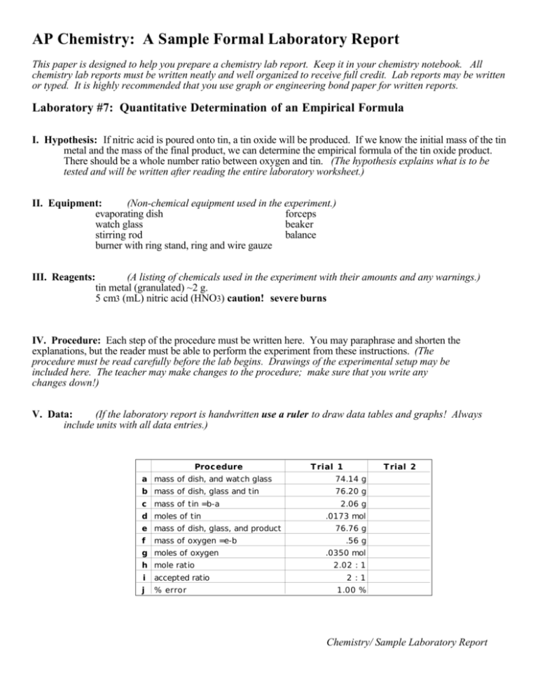 Ap Chemistry A Sample Formal Laboratory Report