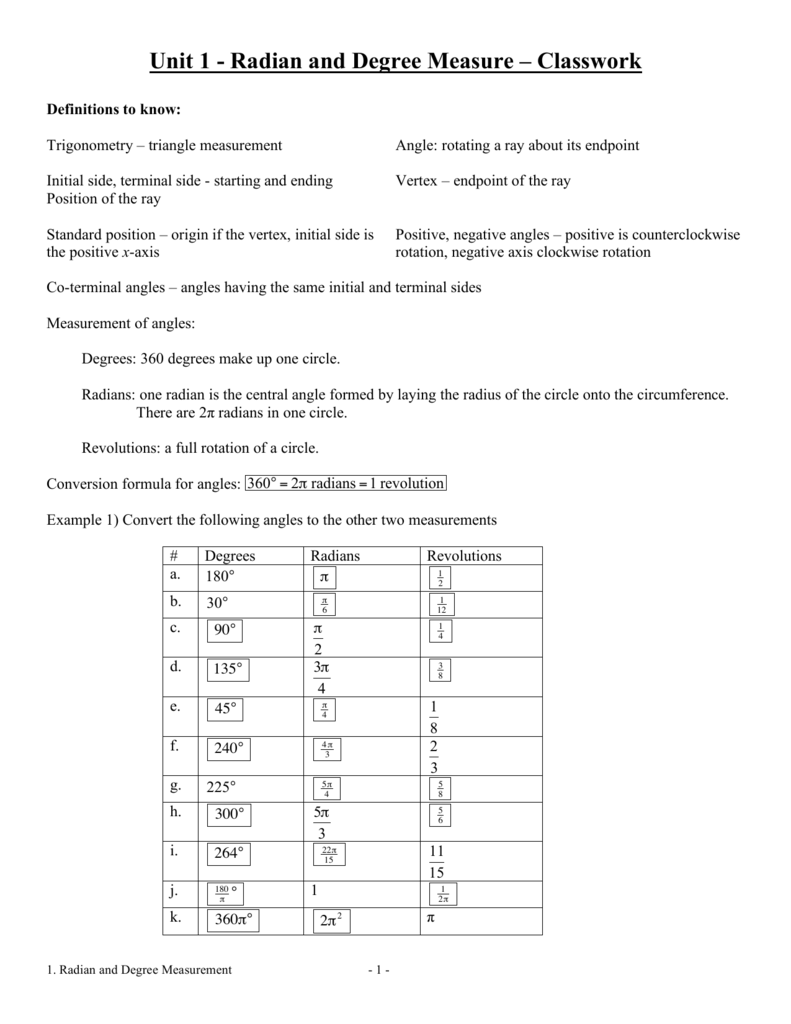 Unit 25 - Radian and Degree Measure – Classwork With Radians To Degrees Worksheet