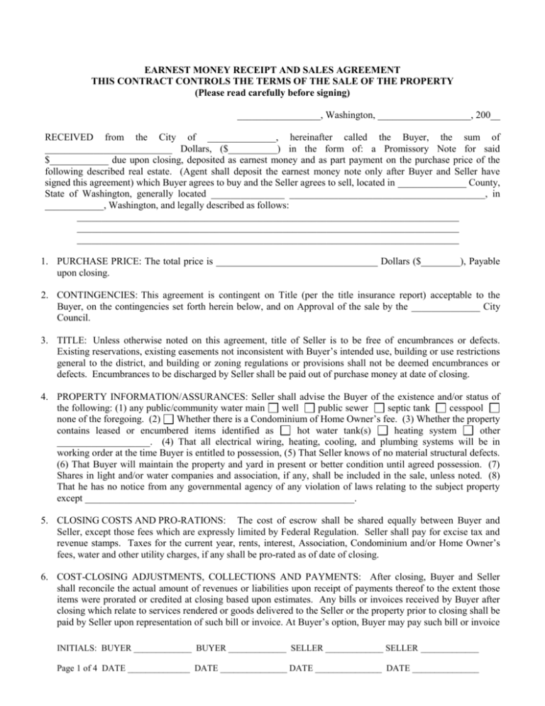 Earnest Money Agreement Form WSAMA