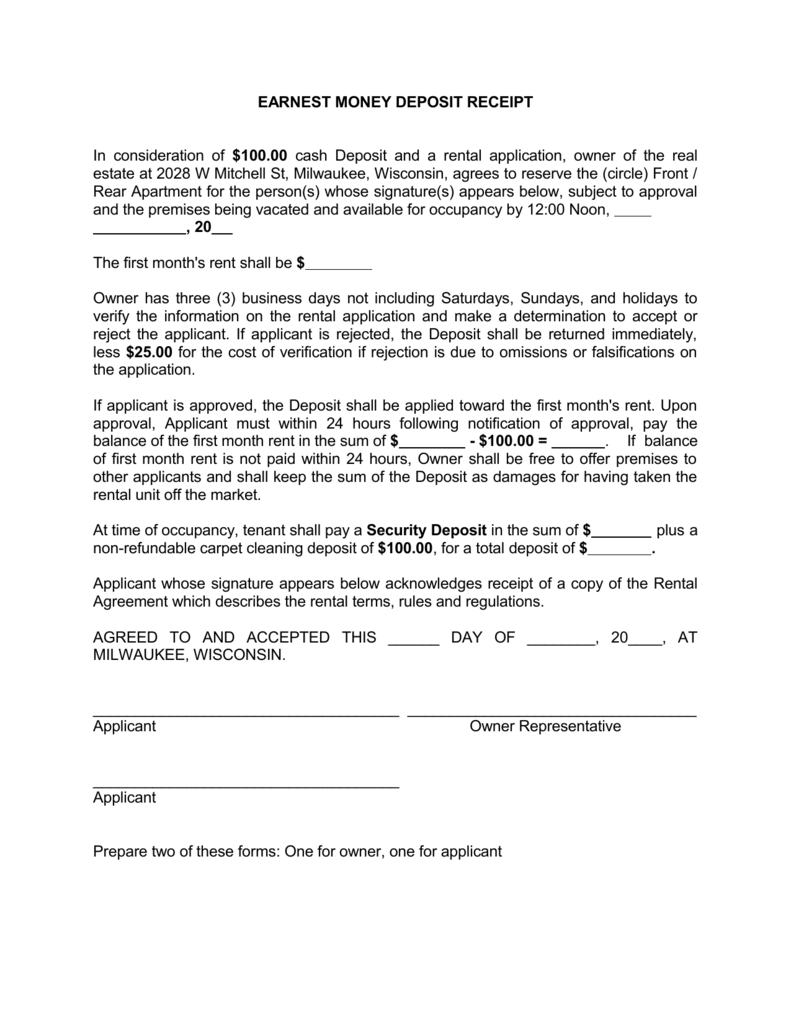 EARNEST MONEY DEPOSIT RECEIPT In consideration of $20.20 Within earnest money deposit agreement template