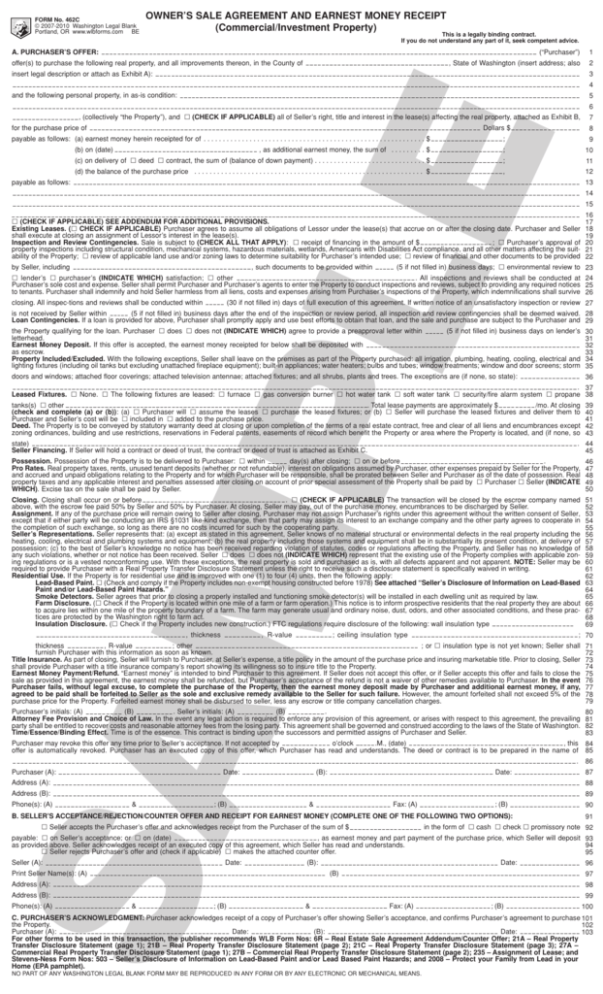OWNER S SALE AGREEMENT AND EARNEST MONEY RECEIPT