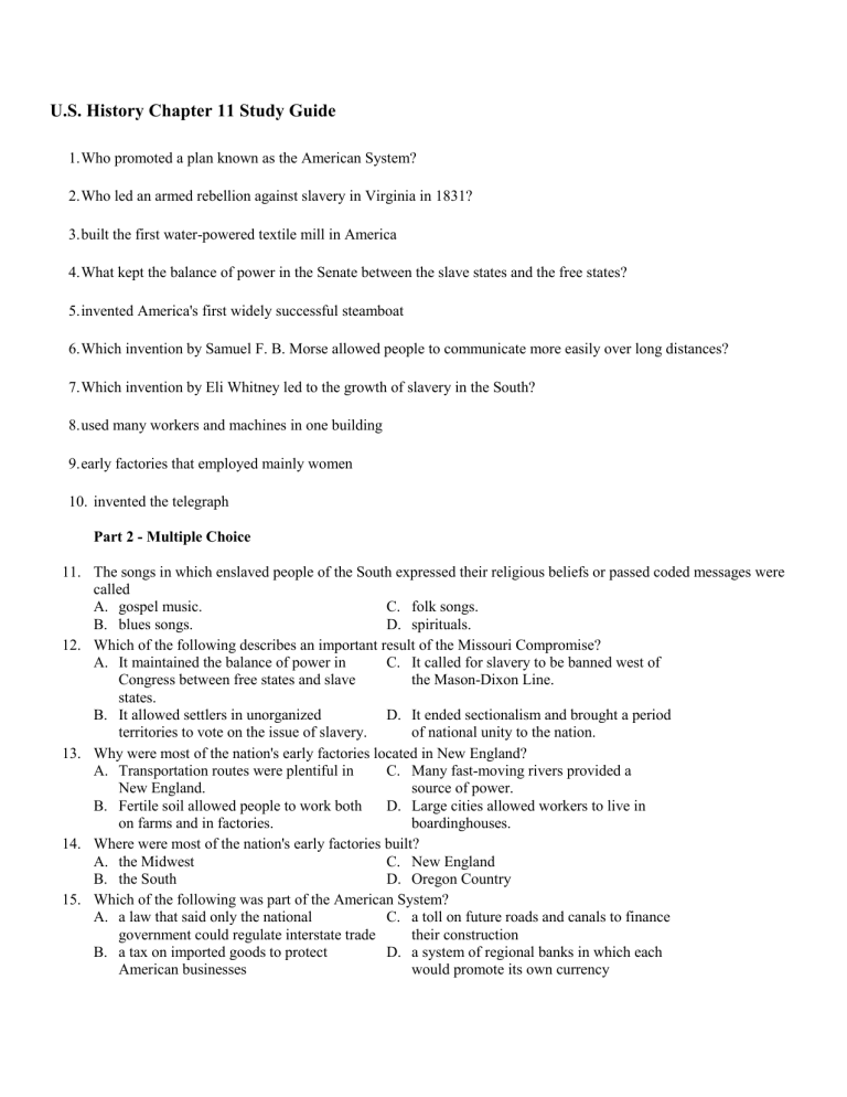 U S History Chapter 11 Study Guide U S History Chapter 11 Study Guide