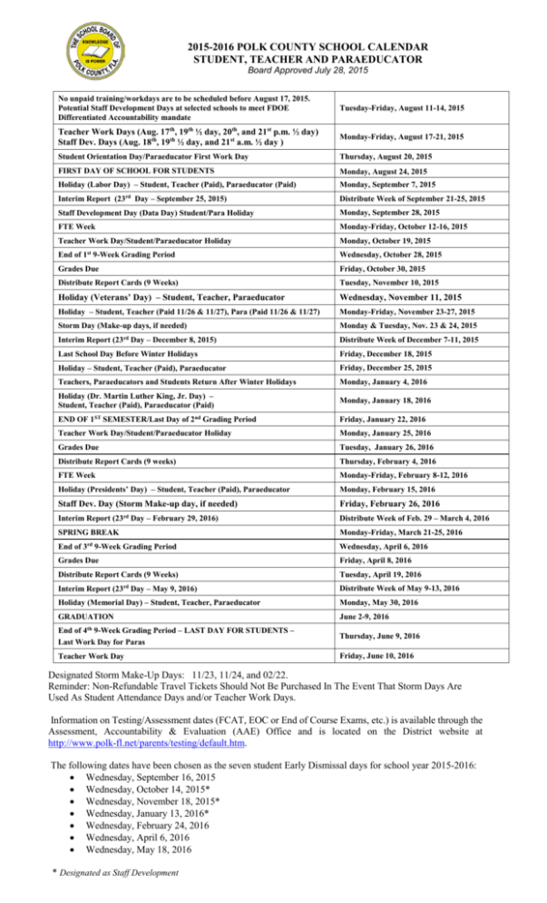 2015 2016 Polk County Traditional School Calendar 2015 2016 Polk County Traditional School Calendar