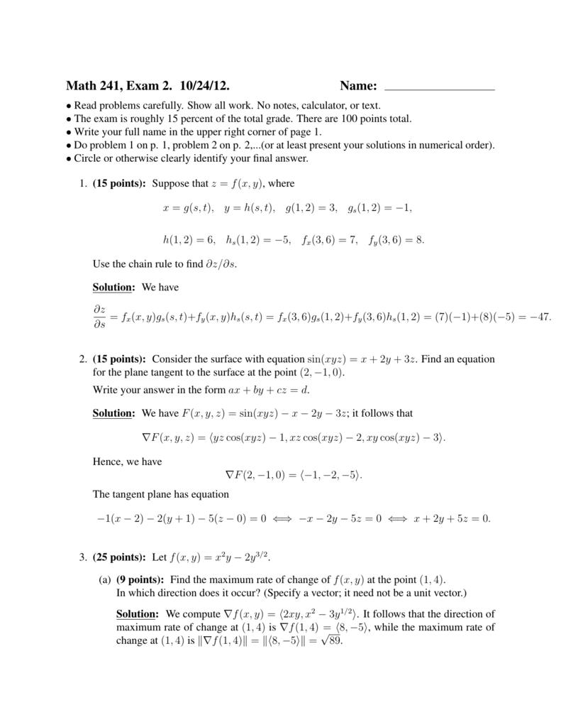 Math 241 Exam 2 10 24 12 Name