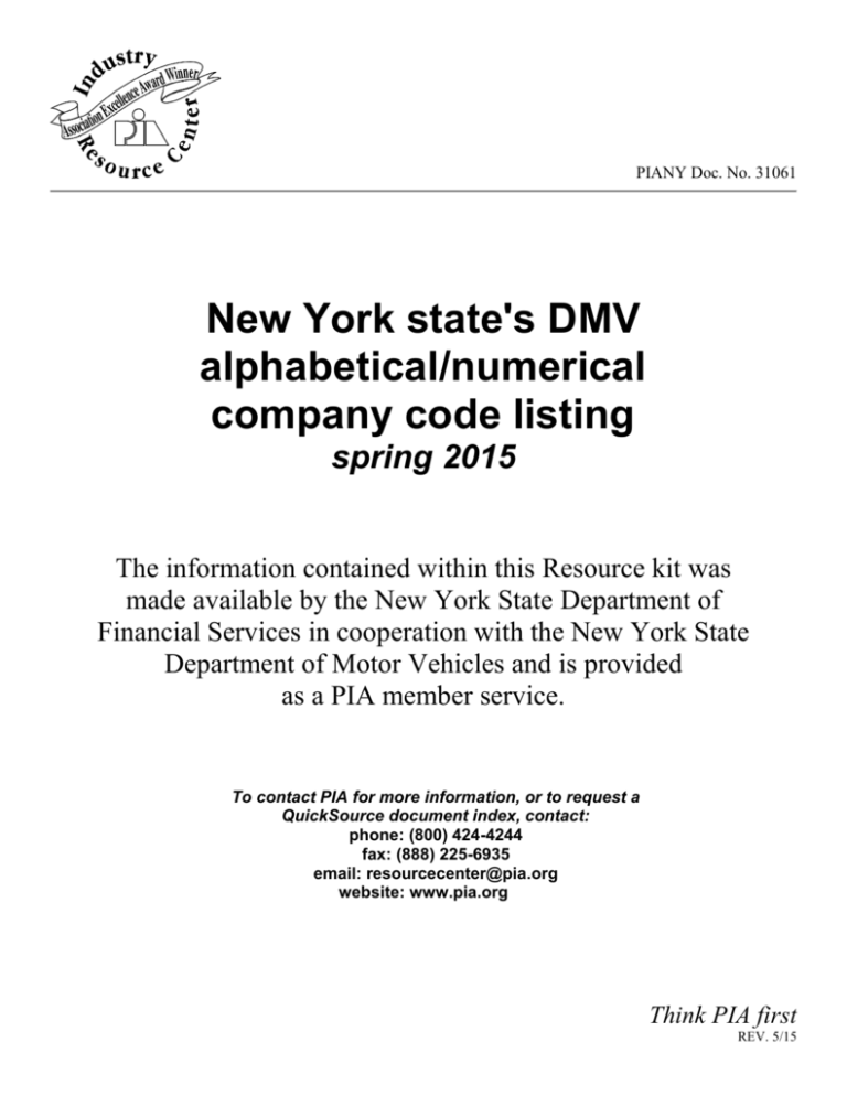 New York State S Dmv Alphabetical Numerical Company Code