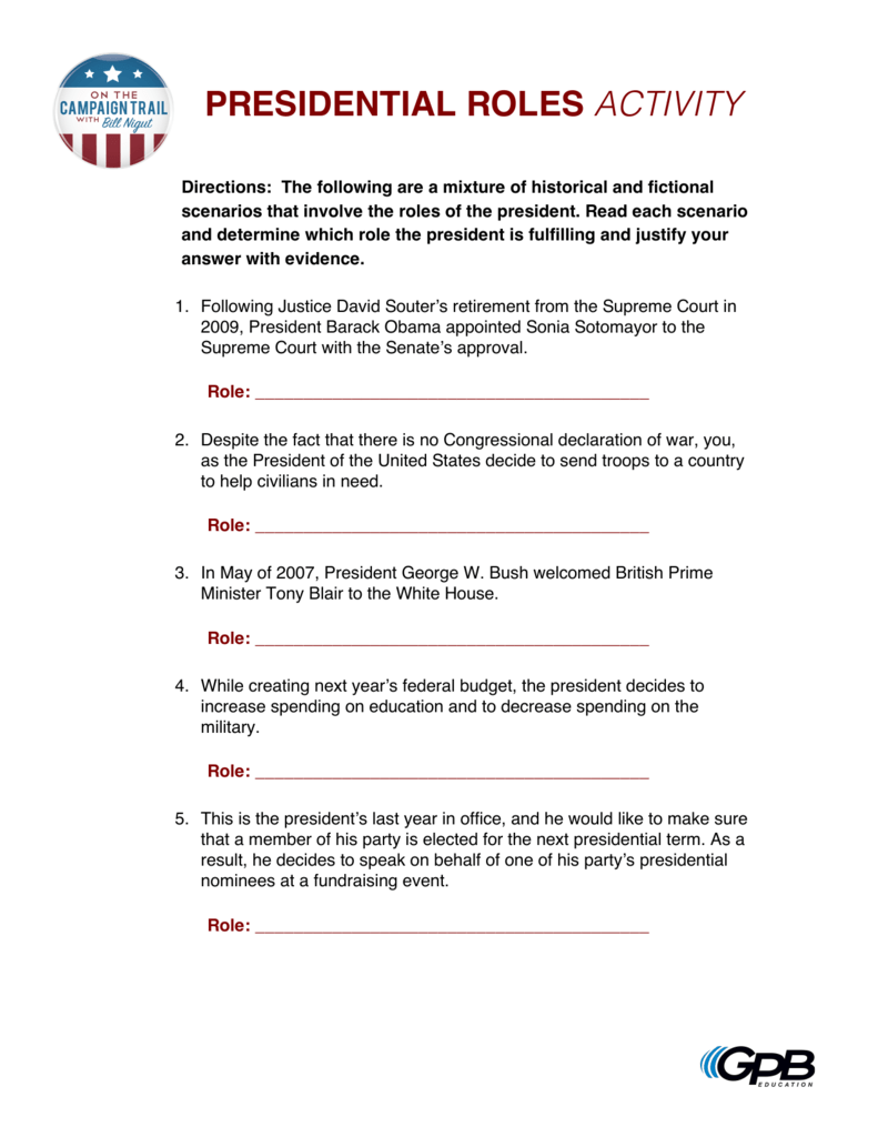 Roles Of The President Worksheet Answers Slide Share