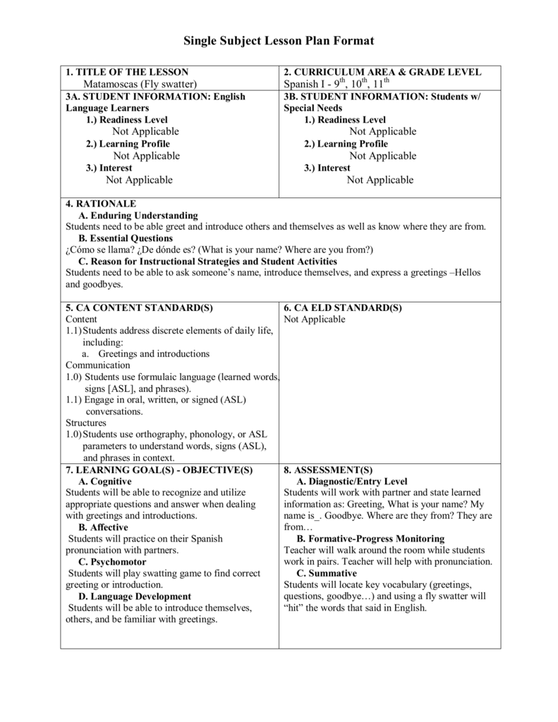 Single Subject Lesson Plan Format