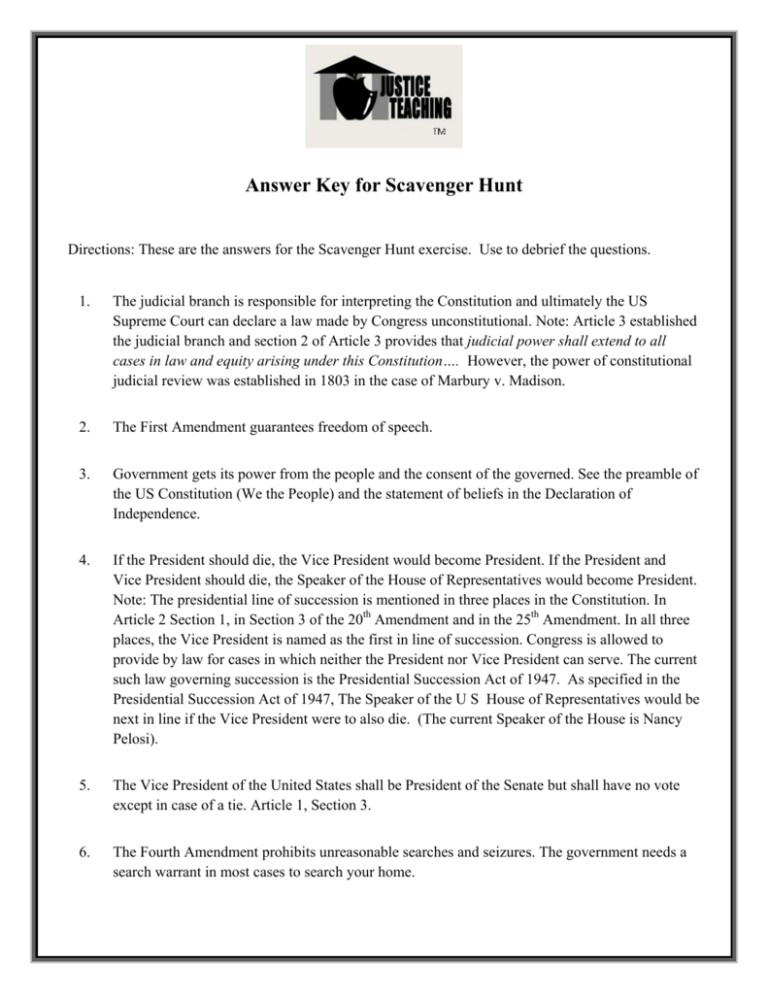Answer Key For The US Constitution Scavenger Hunt