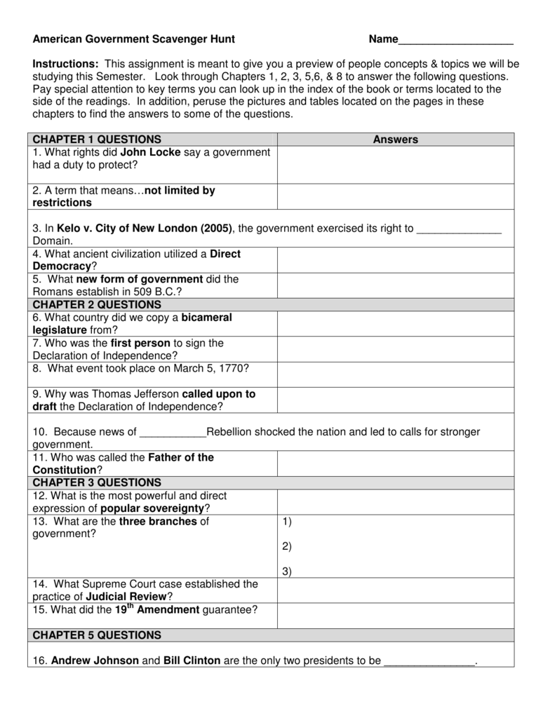 American Government Scavenger Hunt For Constitution Scavenger Hunt Worksheet