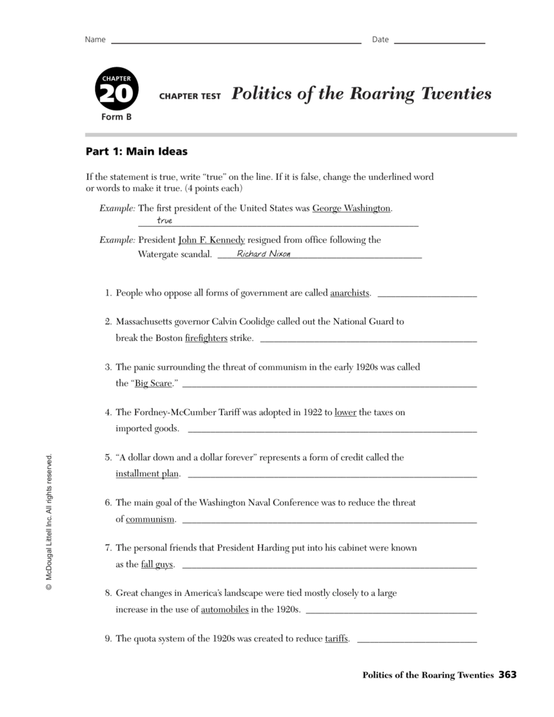 Politics of the Roaring Twenties With Regard To The Roaring Twenties Worksheet