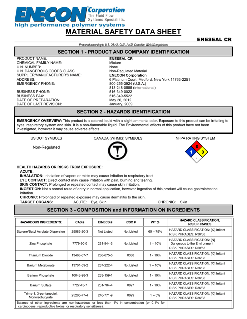 Whmis Safety Data Sheet Includes at Ryan Cole blog