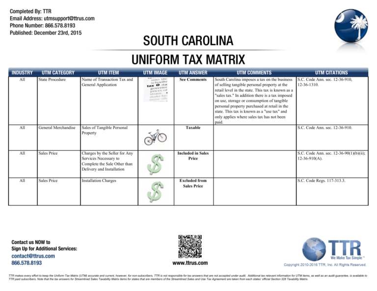 South Carolina Uniform Tax Matrix