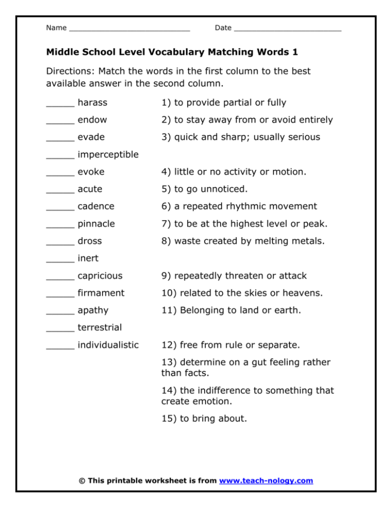 Middle School Level Vocabulary Matching Words 1 Teach