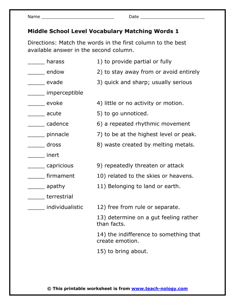 Middle School Level Vocabulary Matching Words 1 Answers