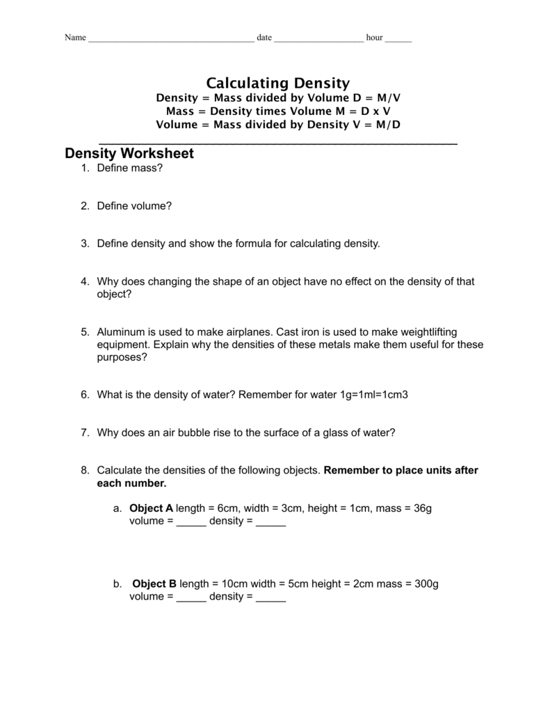 Density Worksheet Pertaining To Mass Volume Density Worksheet