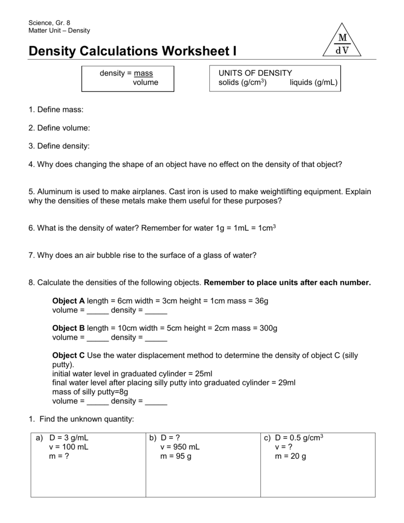 Density Calculations Worksheet I For Science 8 Density Calculations Worksheet