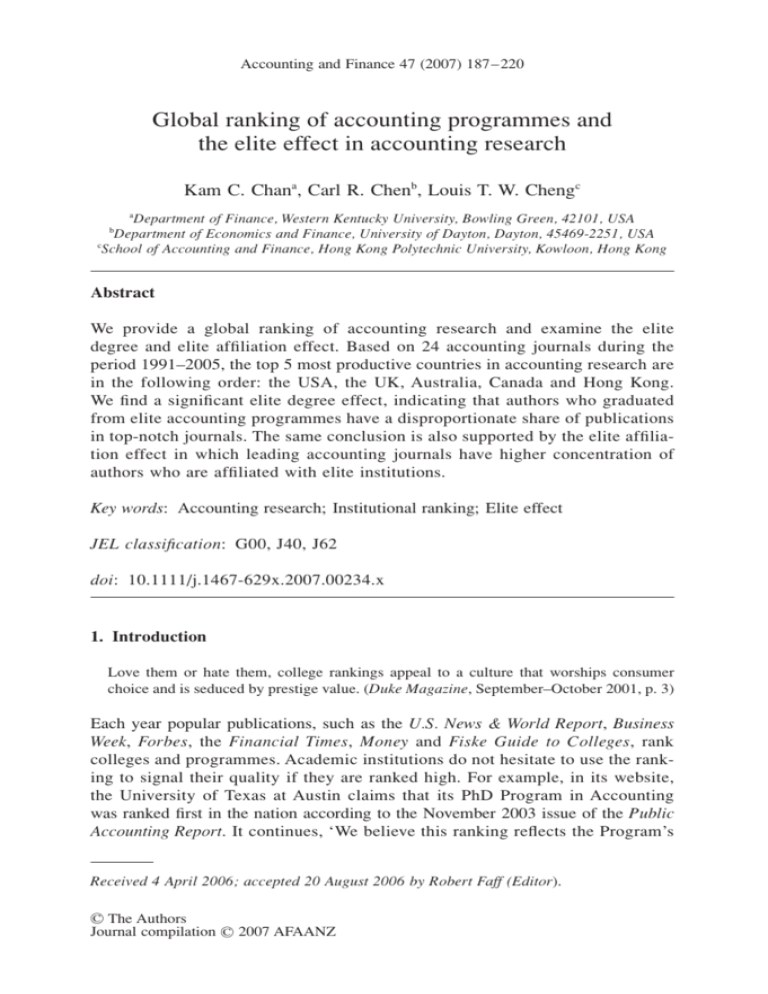 Global Ranking Of Accounting Programmes And The Elite Effect