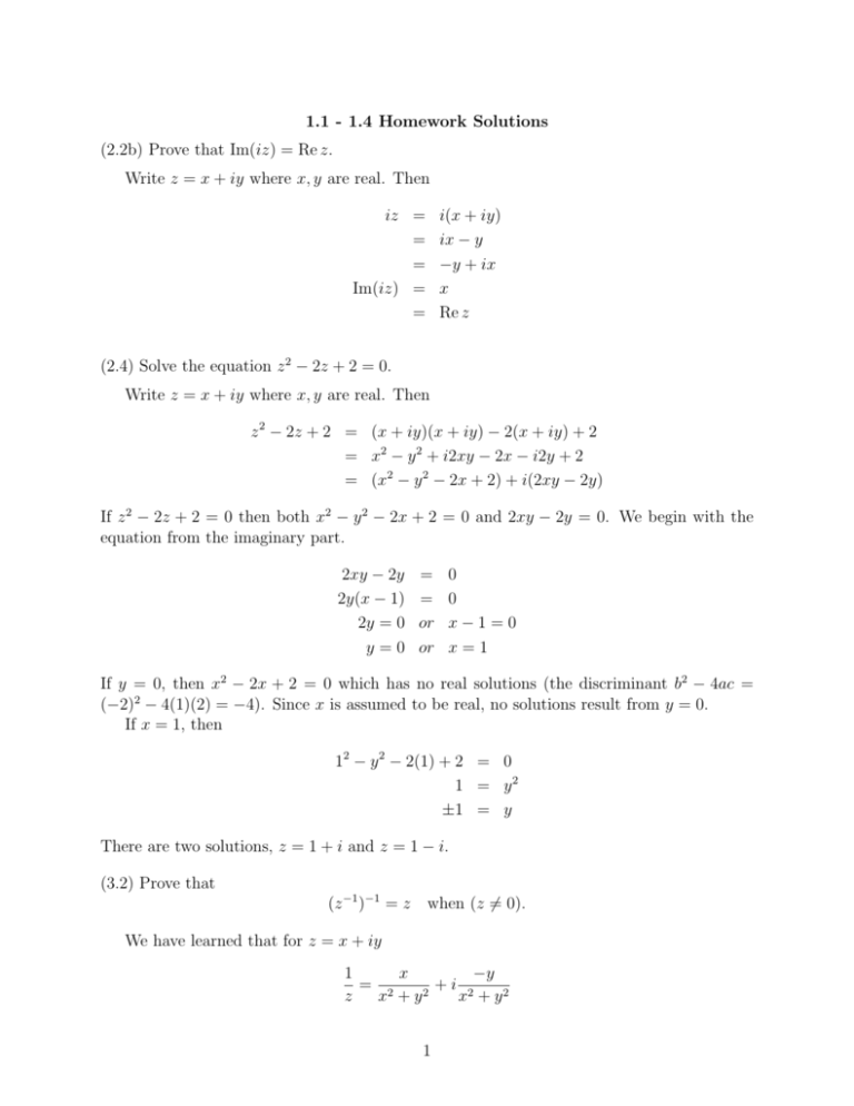 1 1 1 4 Homework Solutions 2 2b Prove That Im Iz Re Z Write Z