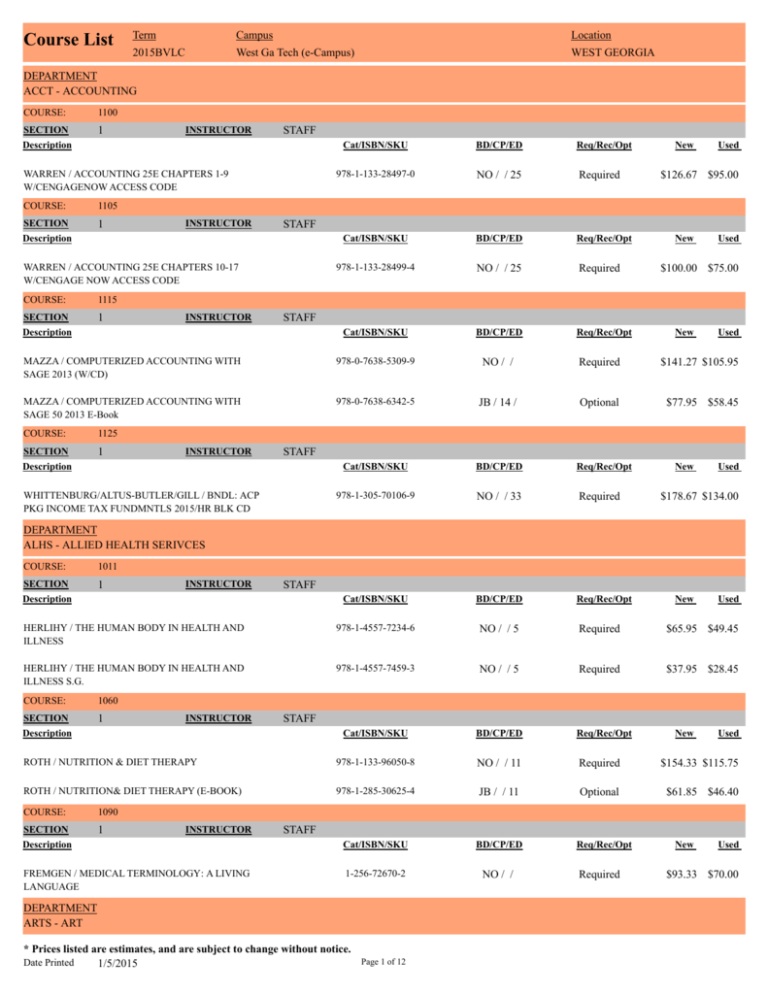 Course List West Georgia Technical College