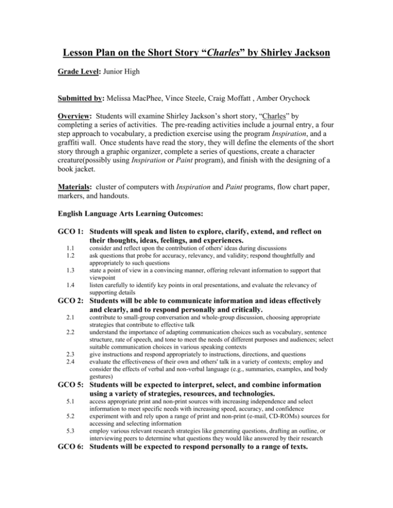 Lesson Plan On The Short Story Charles By Shirley Jackson