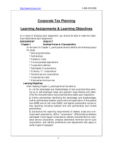 Corporate Tax Planning Learning Assignments & Learning Objectives