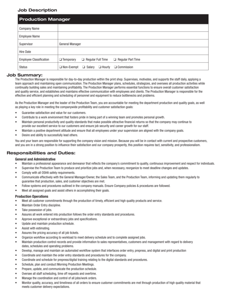 Duties And Responsibilities Of Production Manager Pdf