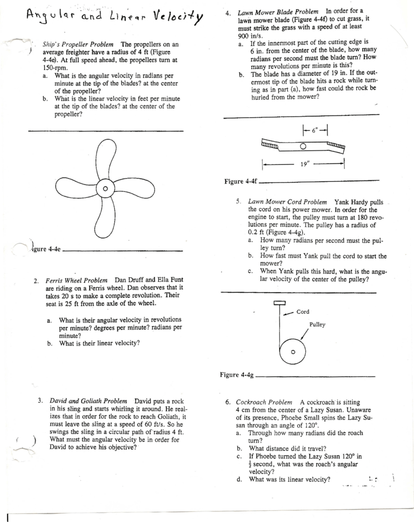 Linear and Angular Velocity  Worksheet w/Answers Inside Angular And Linear Velocity Worksheet