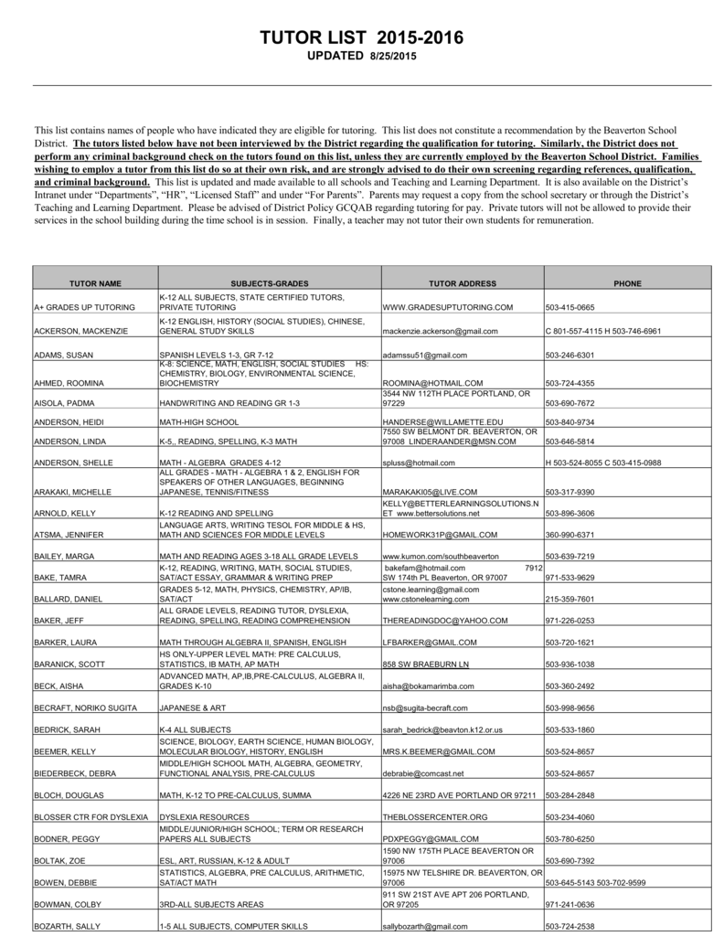 Tutor List 2015 2016 Beaverton School District