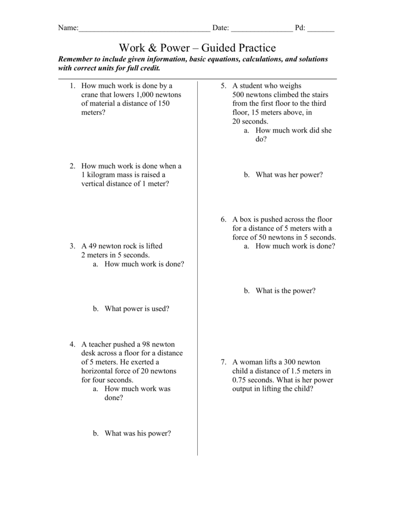 Work & Power Worksheet Pertaining To Work And Energy Worksheet Answers