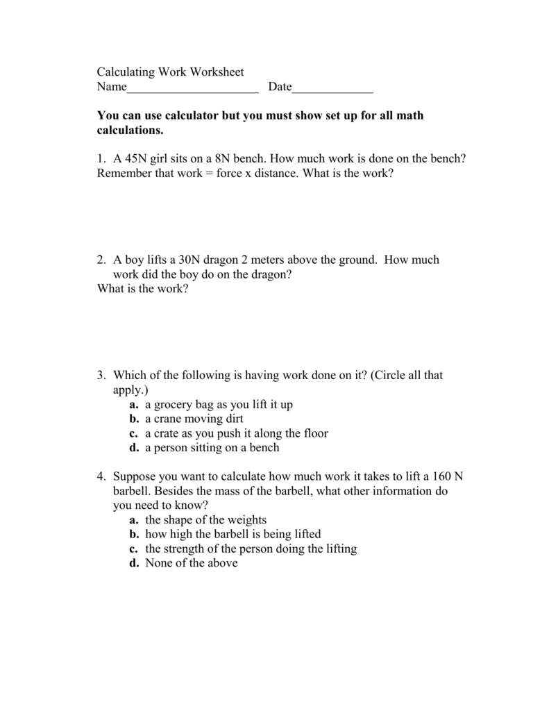 Calculating Work Practice Worksheet