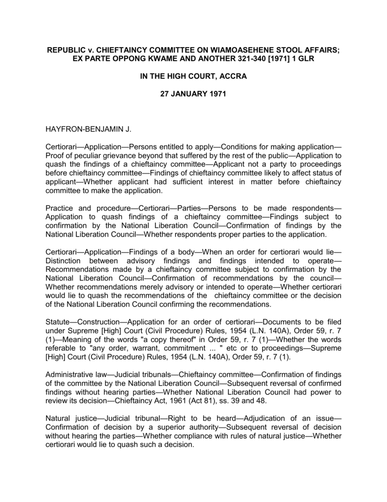 Republic V Chieftaincy Committee On Wiamoasehene