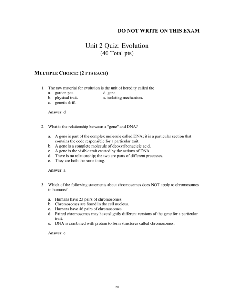 Evolution Quiz Answer Key