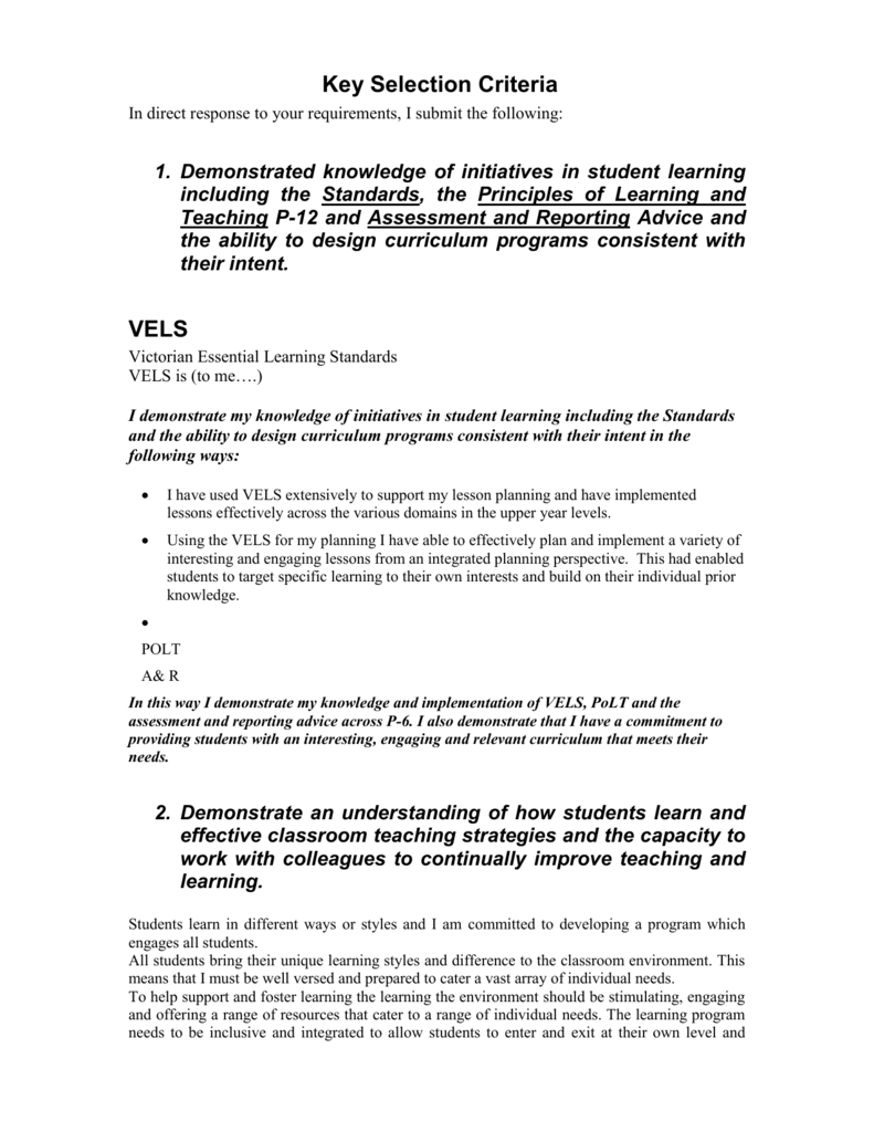 Key Selection Criteria