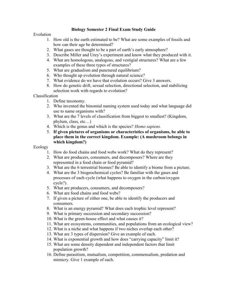 Biology Semester 2 Final Exam Study Guide