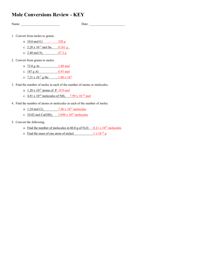 Molar Conversion Worksheet Answers