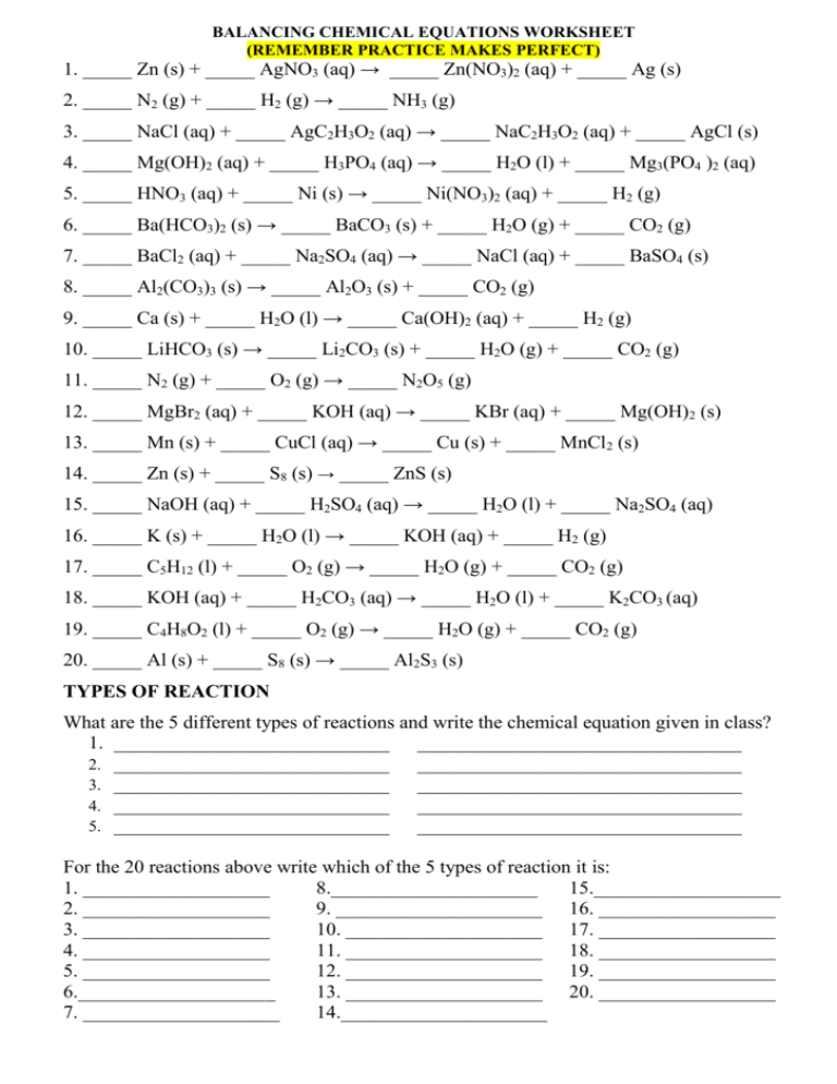 BALANCING CHEMICAL EQUATIONS WORKSHEET