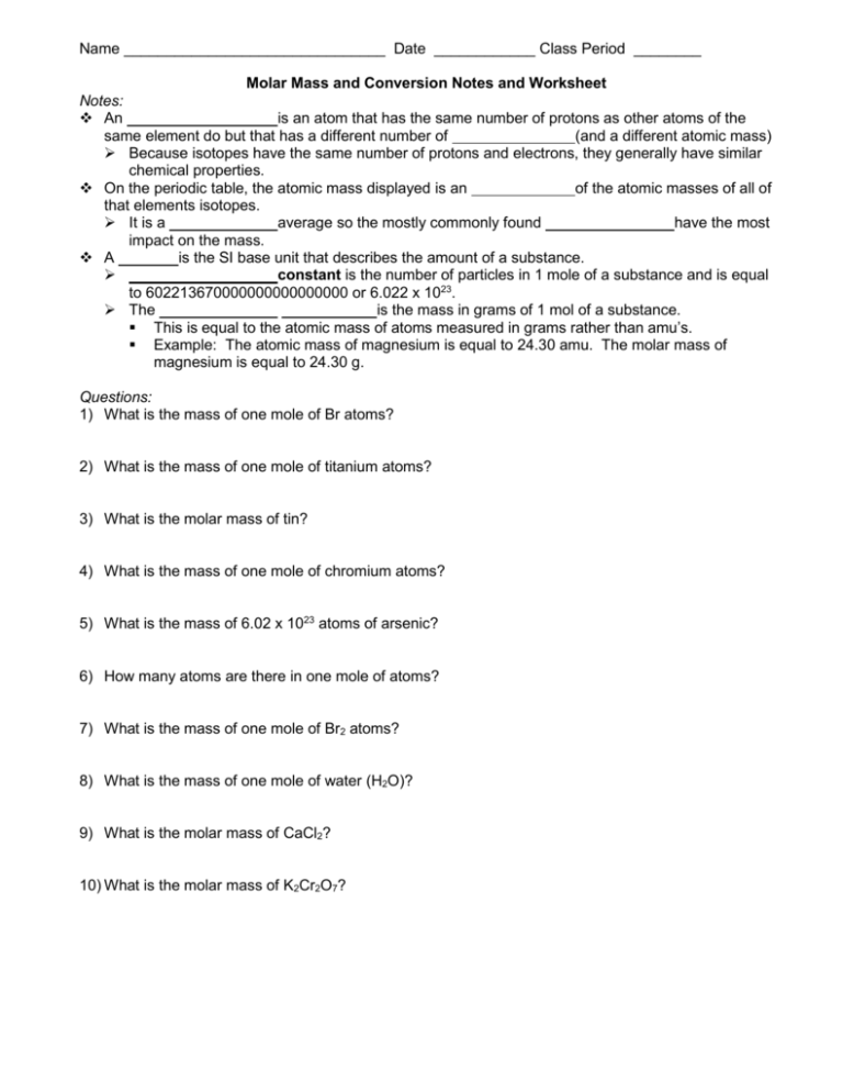 The Mole Chemistry Worksheet