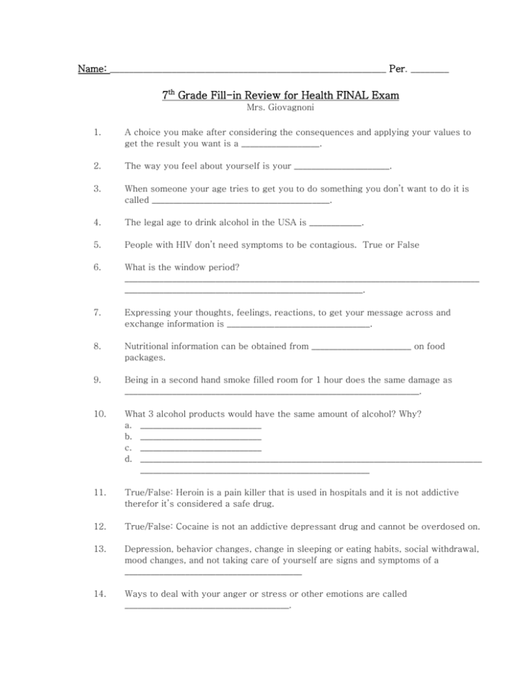 7th Grade Final Exam Review Sheet 2014 2015