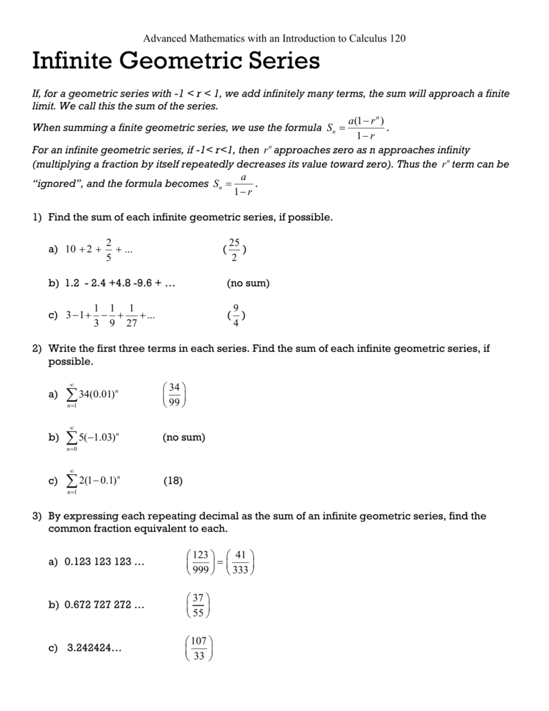 Infinite Geometric Series - SewellPre Throughout Geometric Sequence And Series Worksheet