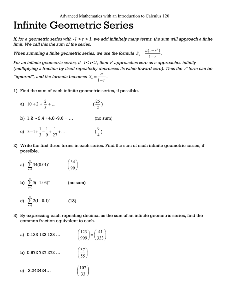 Infinite Geometric Series - SewellPre Within Sequence And Series Worksheet