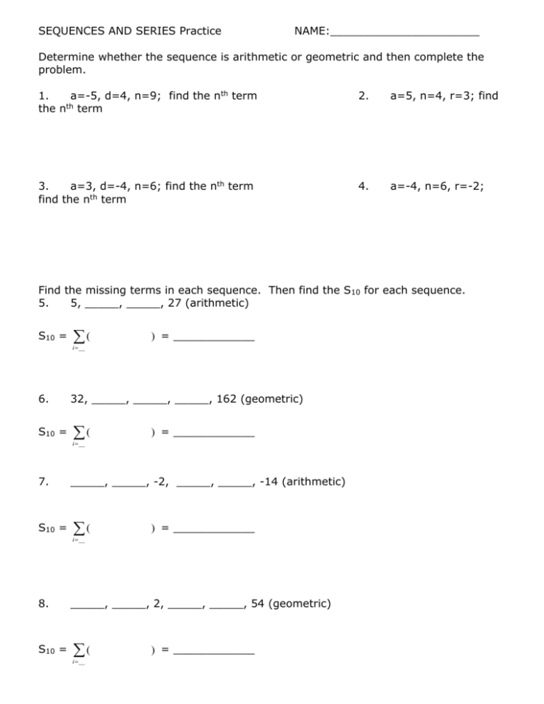 Sequence And Series Worksheet