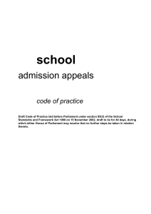CODE OF PRACTICE ON SCHOOL ADMISSION APPEALS