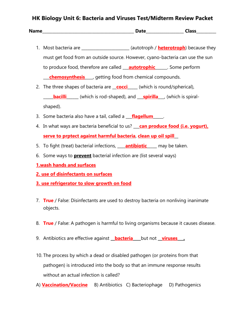 Unit 25 Bacteria nd Viruses Review Sheet_honors answer key With Regard To Virus And Bacteria Worksheet Key