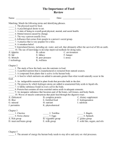 The Importance of Food Unit Review Sheet