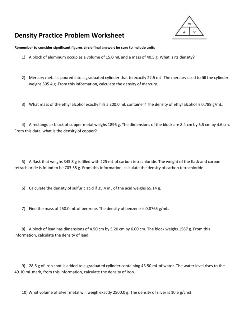 density practice problems key Pertaining To Density Problems Worksheet With Answers