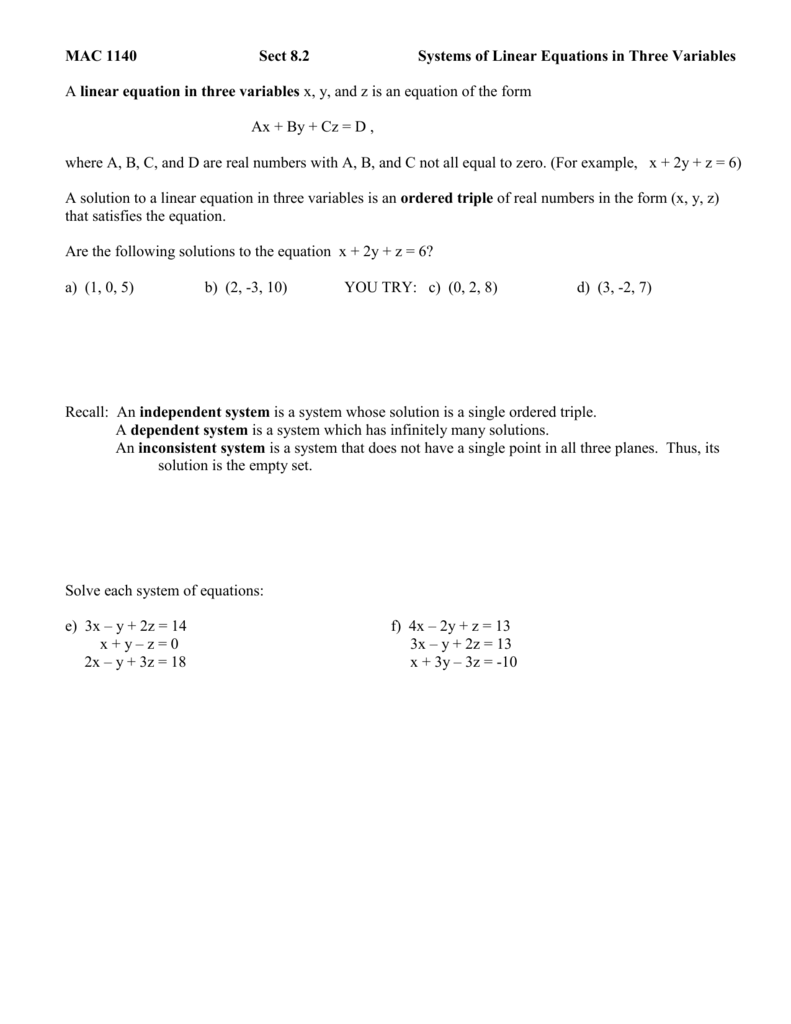 Systems of Linear Equations in Three Variables Throughout Systems Of Linear Equations Worksheet