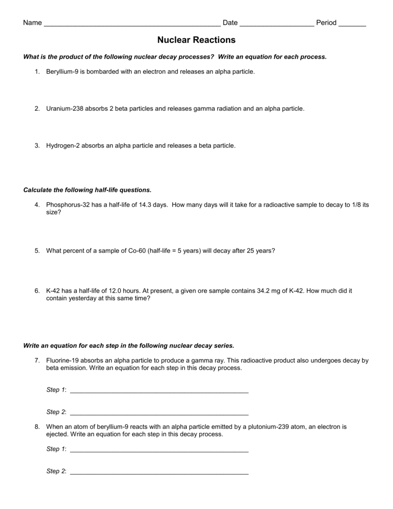 Nuclear Chemistry Worksheet K