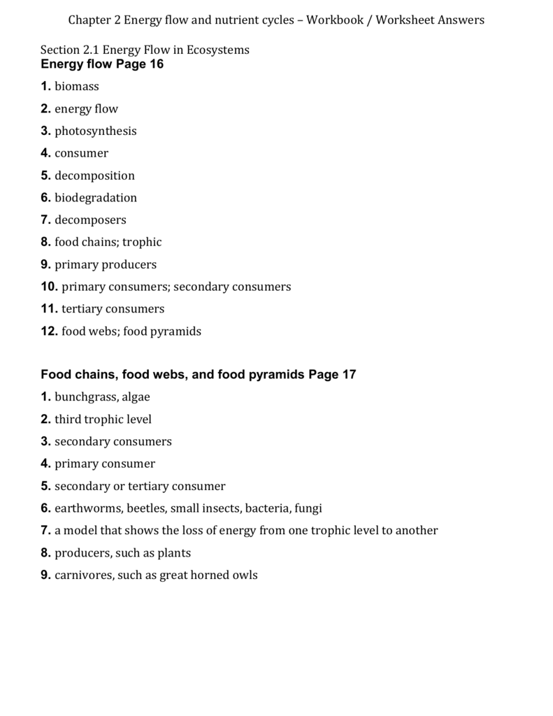 Chapter 21 Energy flow and nutrient cycles – Workbook Answers Intended For Energy Flow Worksheet Answers